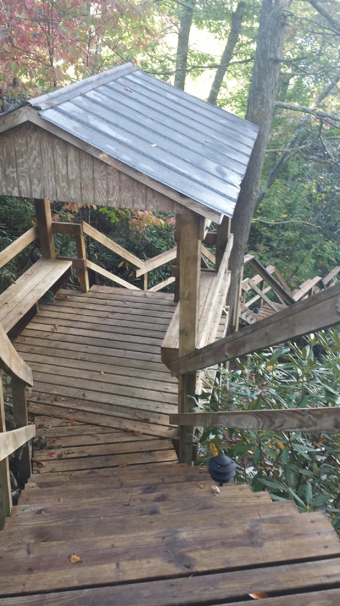 Metal roofed shelter over wooden steps on a wooded walkway — Skylight Repair & Installation work by our crew in Altair